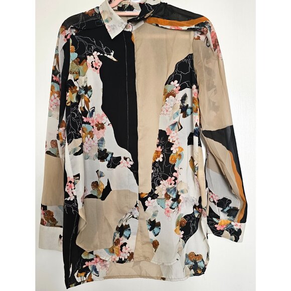 3.1 Phillip Lim Long Sleeve High Low Button Up Shirt, S/P, Tan & Black - Picture 2 of 10